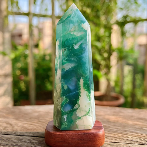 Moss agate tower crystal point - moss,